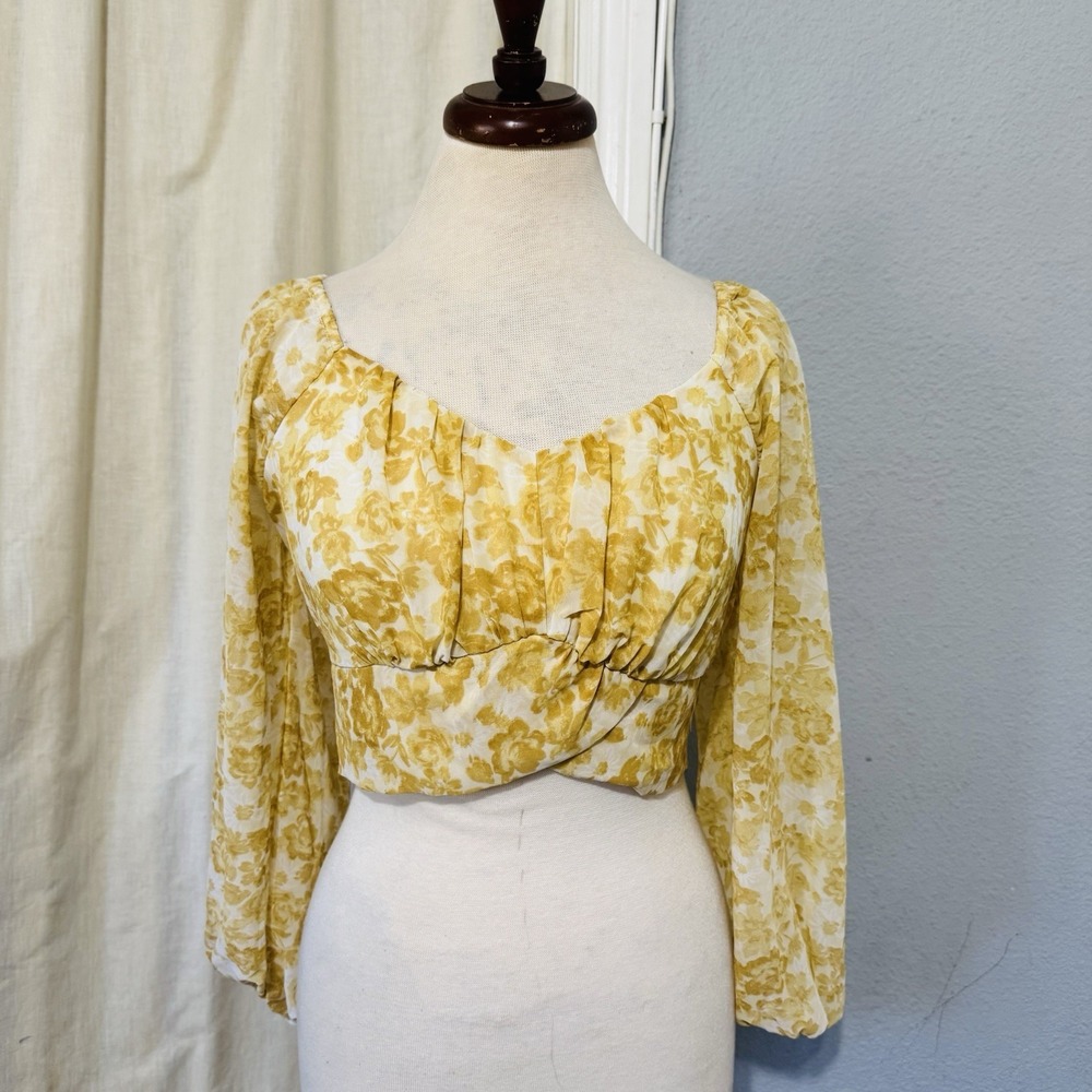 Jopna Women Cropped Long Sleeve Blouse Size M Yellow Floral Tie-Back Cottagecore